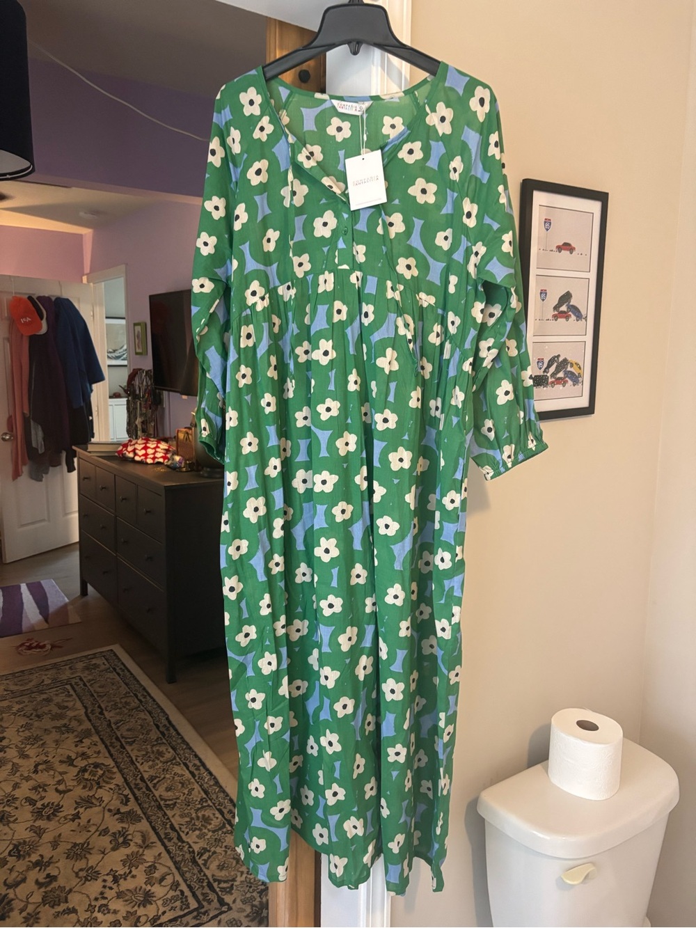 Green Floral Maxi Dress - Casual Round Neck